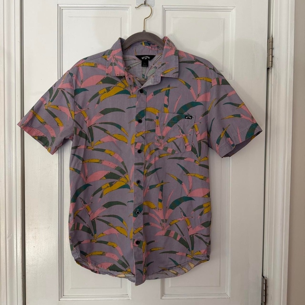 Billabong Shirt Mens S Lavender Abstract Palm Print Short Sleeve Button Up 90s